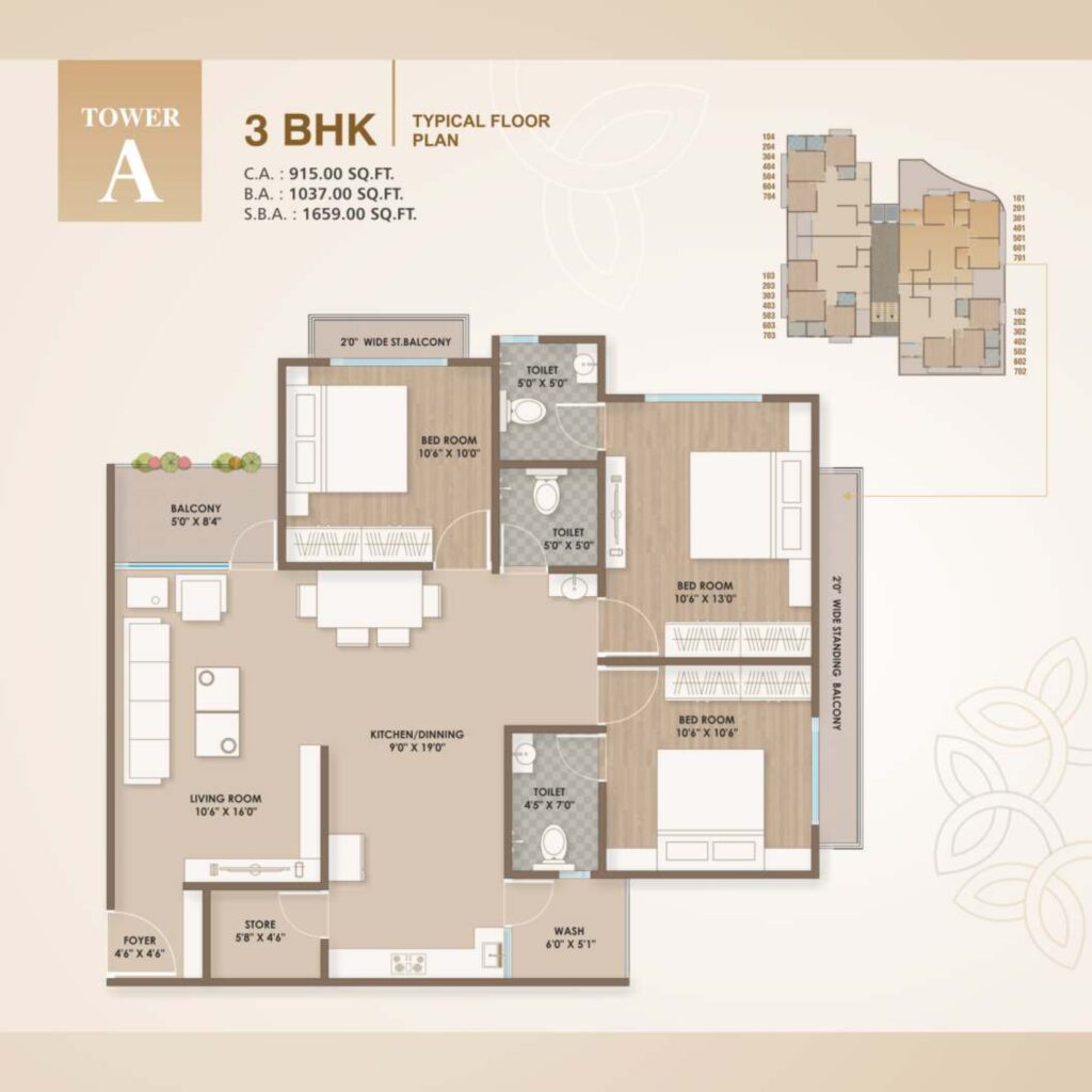 REVA FLATS TYPICAL FLOOR PLAN (3BHK TPWER-A)